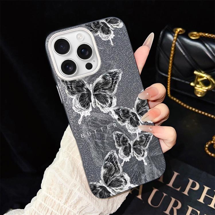 For iPhone 16 Pro Max Sketch Butterflies Pattern IMD Glitter PC Hybrid TPU Phone Case(Black) SUNSKY