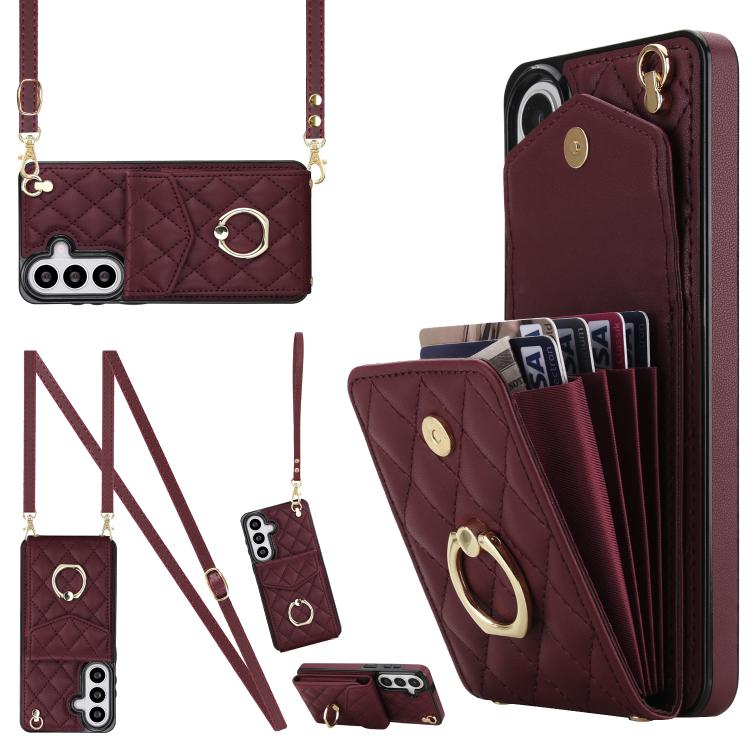 For Samsung Galaxy S26 5G Rhombic Texture Card Bag Phone Case with Long Lanyard(Wine Red) SUNSKY