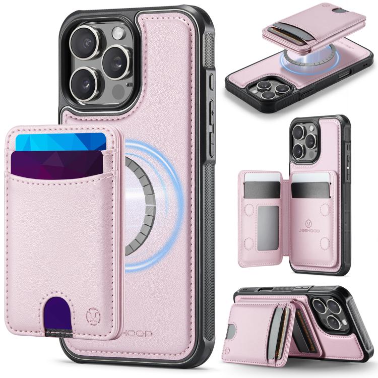 For iPhone 16 Pro Max JEEHOOD J10 Flip Card Bag MagSafe Split RFID Leather Phone Case(Pink)