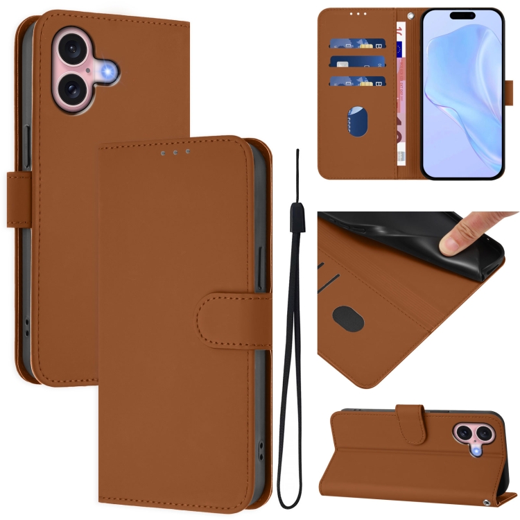 For iPhone 16 Skin Feel Solid Color Leather Phone Case with Lanyard(Brown) SUNSKY
