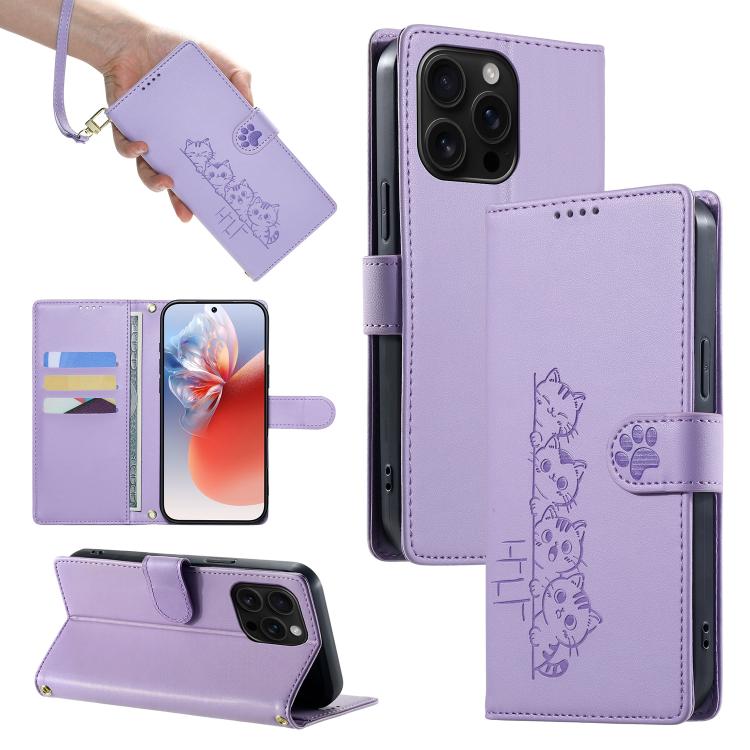 For iPhone 16 Pro Max Cute Cats Magnetic Closure Vegan Leather Phone Case with Strap(Purple) SUNSKY