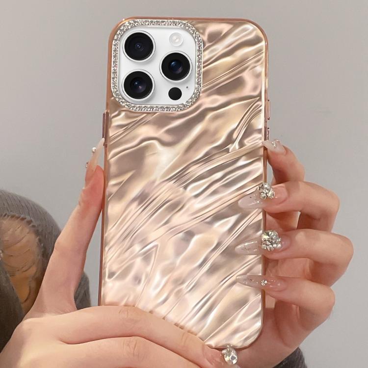 For iPhone 16 Pro Max Rhinestone Lens Frame Wrinkled Design Phone Case(Transparent Pink) SUNSKY