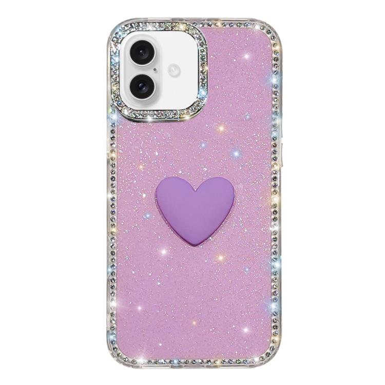 For iPhone 16 Flash Rhinestone Double-sided IMD Love Heart Phone Case(Glitter Purple) SUNSKY