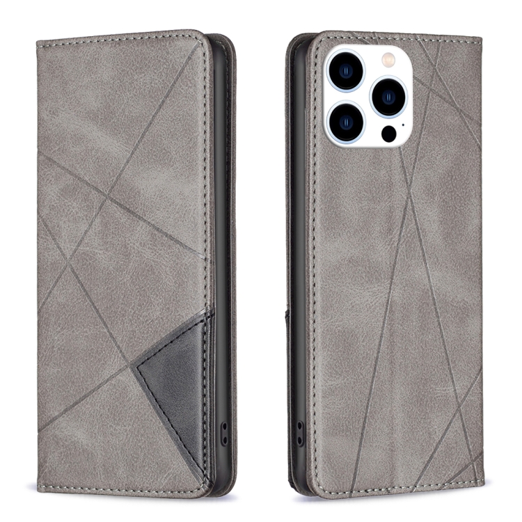 For iPhone 16 Pro Max Rhombus Texture Magnetic Leather Phone Case(Grey) SUNSKY