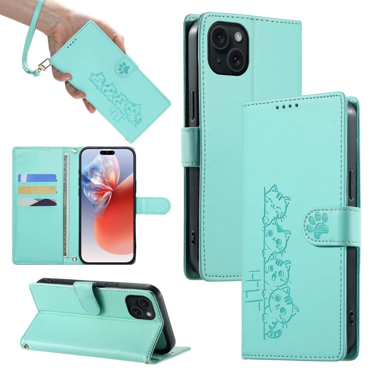 For iPhone 15 Plus Cute Cats Magnetic Closure Vegan Leather Phone Case with Strap(Green) SUNSKY
