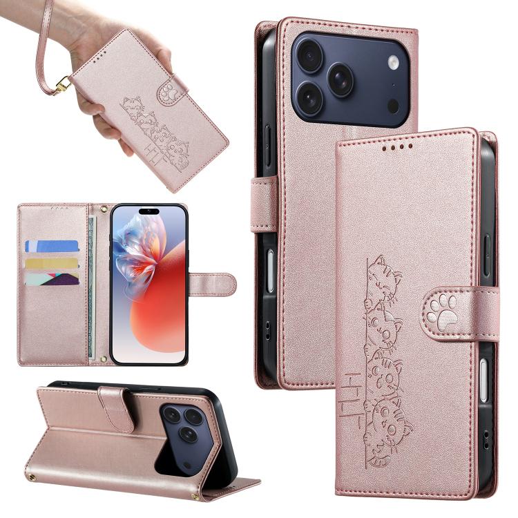 For iPhone 18 Pro Max / 17 Pro Max Cute Cats Magnetic Closure Vegan Leather Phone Case with Strap(Rose Gold) SUNSKY