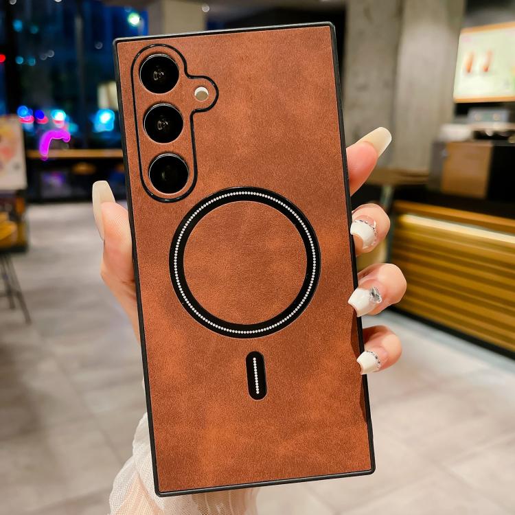 For Samsung Galaxy S24 FE 5G Lambskin Faux Leather Magnetic Phone Case(Dark Brown) SUNSKY