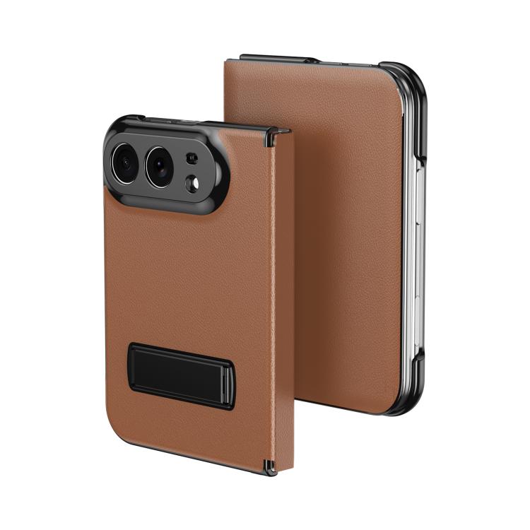For iPhone Duo Flip Cover Folding Holder Vegan Leather Protective Phone Case(Brown) SUNSKY