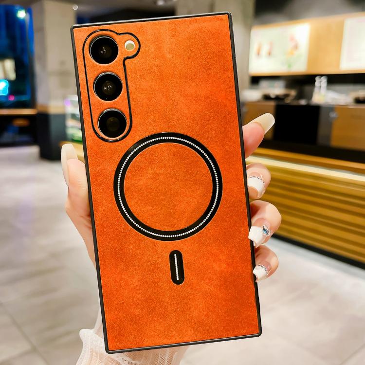 For Samsung Galaxy S23 5G Lambskin Faux Leather Magnetic Phone Case(Orange) SUNSKY