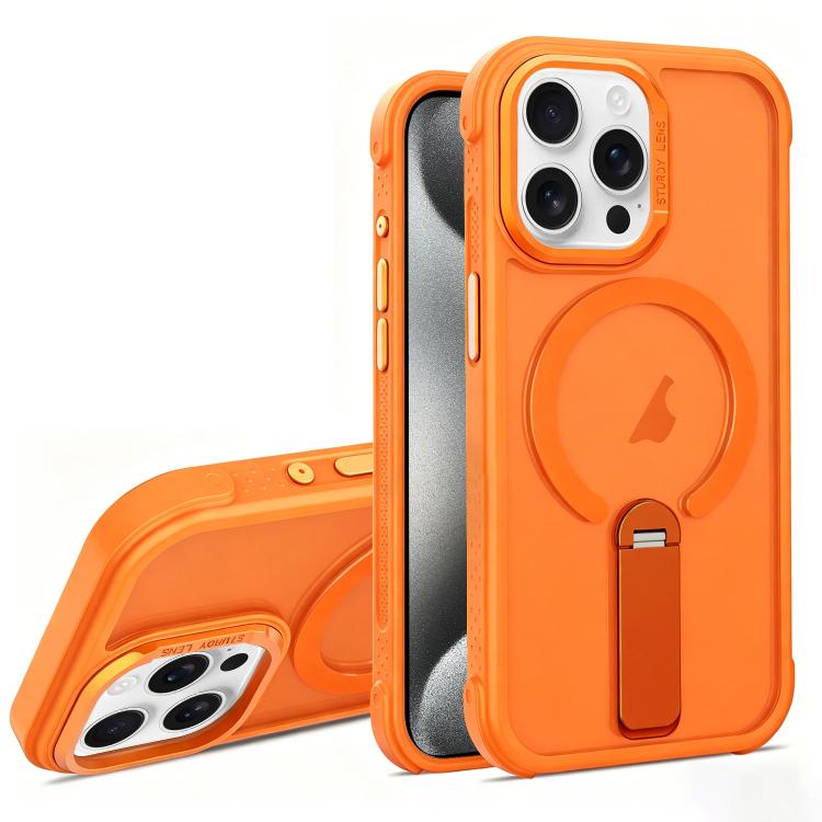 For iPhone 15 Pro Skin Feel PC TPU Hybrid Fold Holder Magnetic Phone Case(Orange) SUNSKY