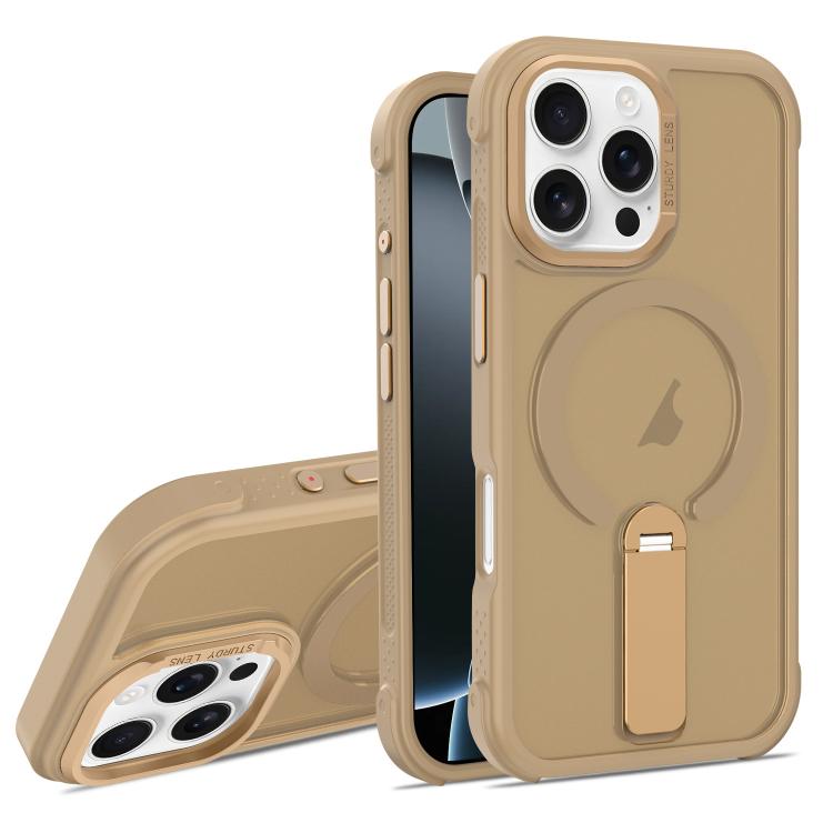 For iPhone 16 Pro Skin Feel PC TPU Hybrid Fold Holder Magnetic Phone Case(Gold) SUNSKY