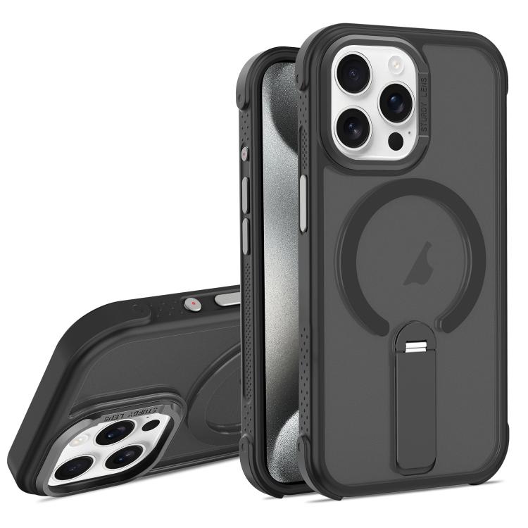 For iPhone 15 Pro Max Skin Feel PC TPU Hybrid Fold Holder Magnetic Phone Case(Black) SUNSKY