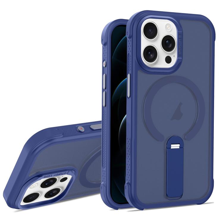 For iPhone 12 Pro Max Skin Feel PC TPU Hybrid Fold Holder Magnetic Phone Case(Dark Blue) SUNSKY