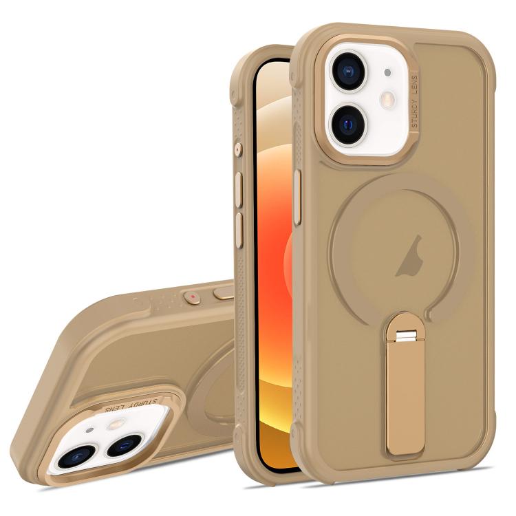 For iPhone 12 Skin Feel PC TPU Hybrid Fold Holder Magnetic Phone Case(Gold) SUNSKY