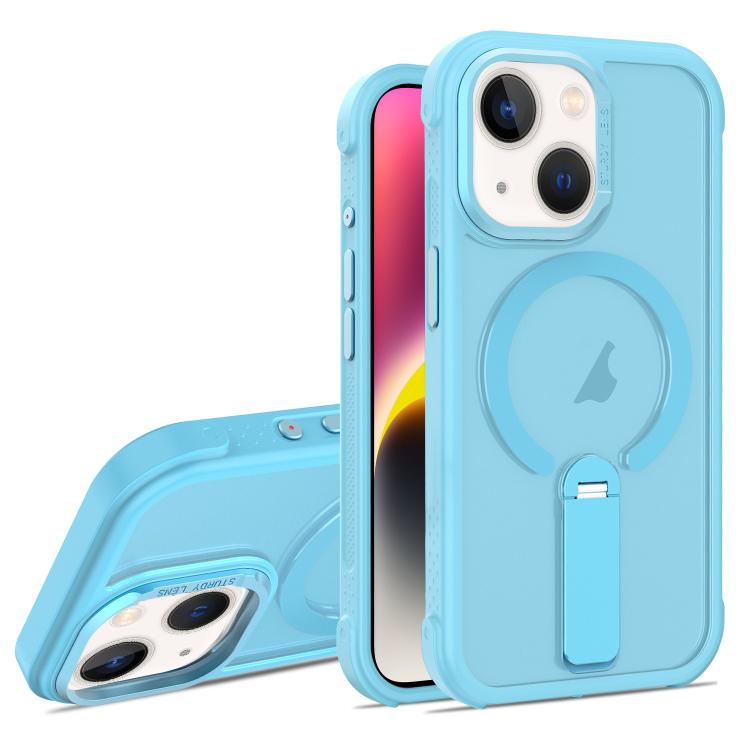 For iPhone 14 Plus Skin Feel PC TPU Hybrid Fold Holder Magnetic Phone Case(Sky Blue) SUNSKY