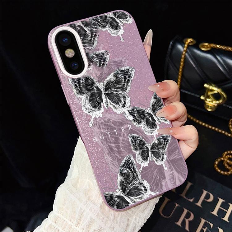 For iPhone XR Sketch Butterflies Pattern IMD Glitter PC Hybrid TPU Phone Case(Purple) SUNSKY