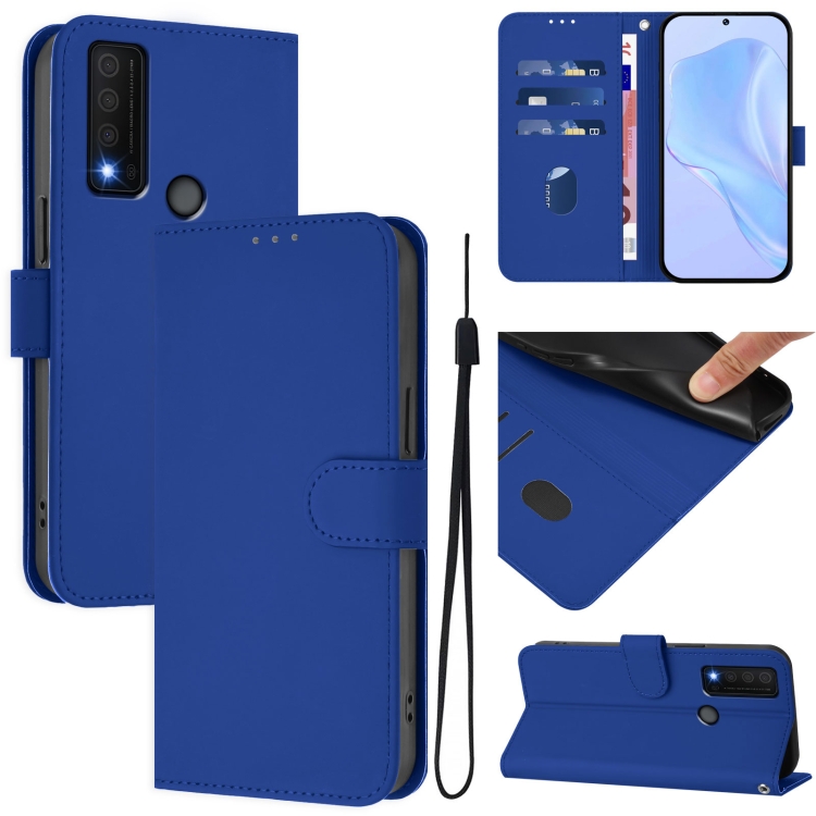 For TCL 30 XE 5G Skin Feel Solid Color Leather Phone Case with Lanyard(Dark Blue) SUNSKY