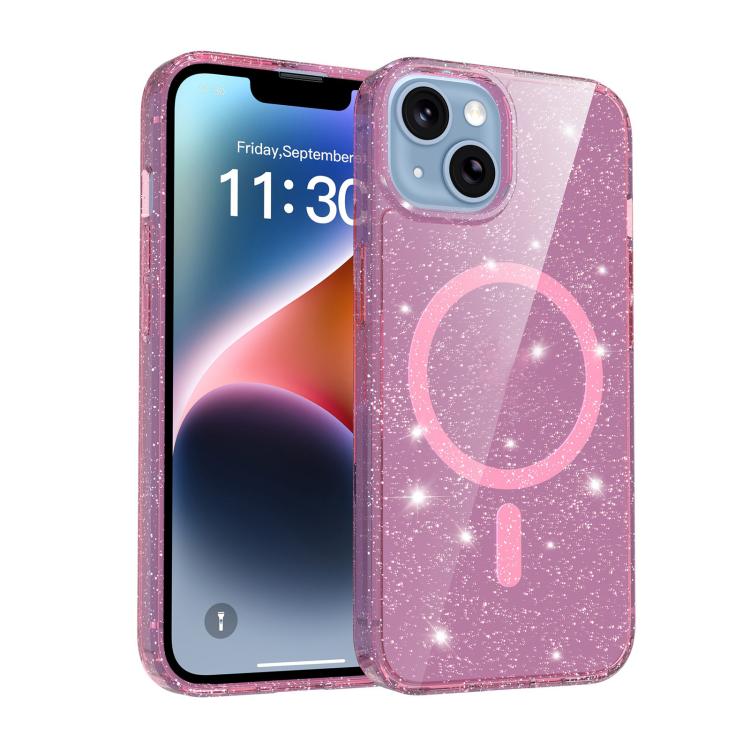 For iPhone 14 / 13 Clear Glitter Magnetic PC Hybrid TPU Phone Case(Pink) SUNSKY