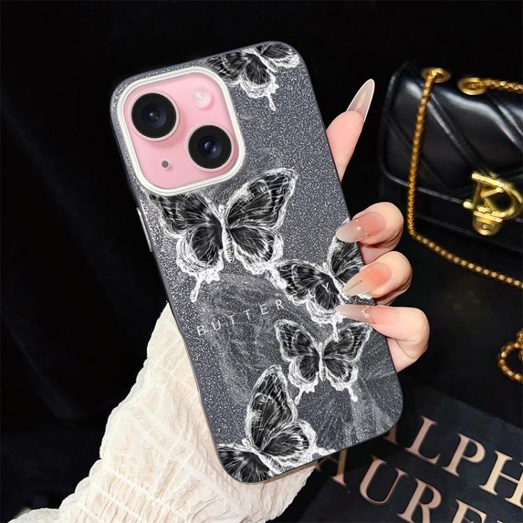 For iPhone 15 Sketch Butterflies Pattern IMD Glitter PC Hybrid TPU Phone Case(Black) SUNSKY