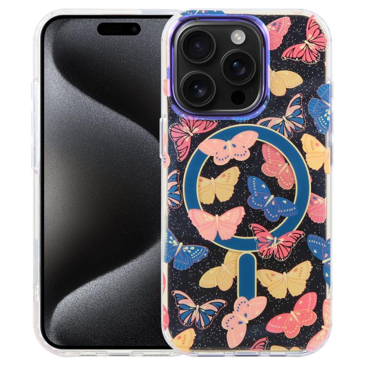 For iPhone 15 Pro IMD Blue Light Jungle Series Magnetic Phone Case(Butterflies) SUNSKY