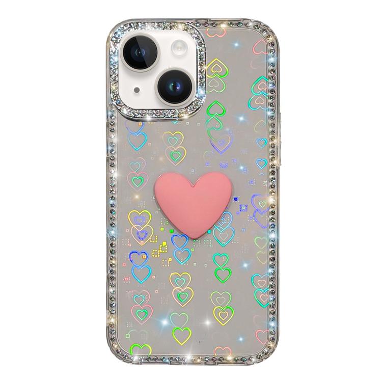 For iPhone 15 Flash Rhinestone Double-sided IMD Love Heart Phone Case(Lover Transparent) SUNSKY