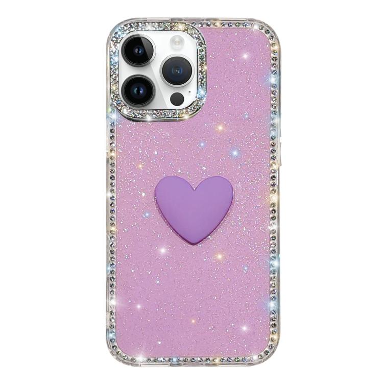 For iPhone 15 Pro Flash Rhinestone Double-sided IMD Love Heart Phone Case(Glitter Purple) SUNSKY