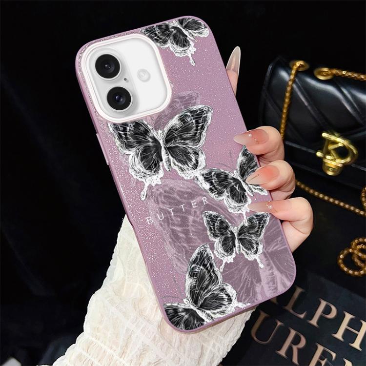 For iPhone 17 Sketch Butterflies Pattern IMD Glitter PC Hybrid TPU Phone Case(Purple) SUNSKY