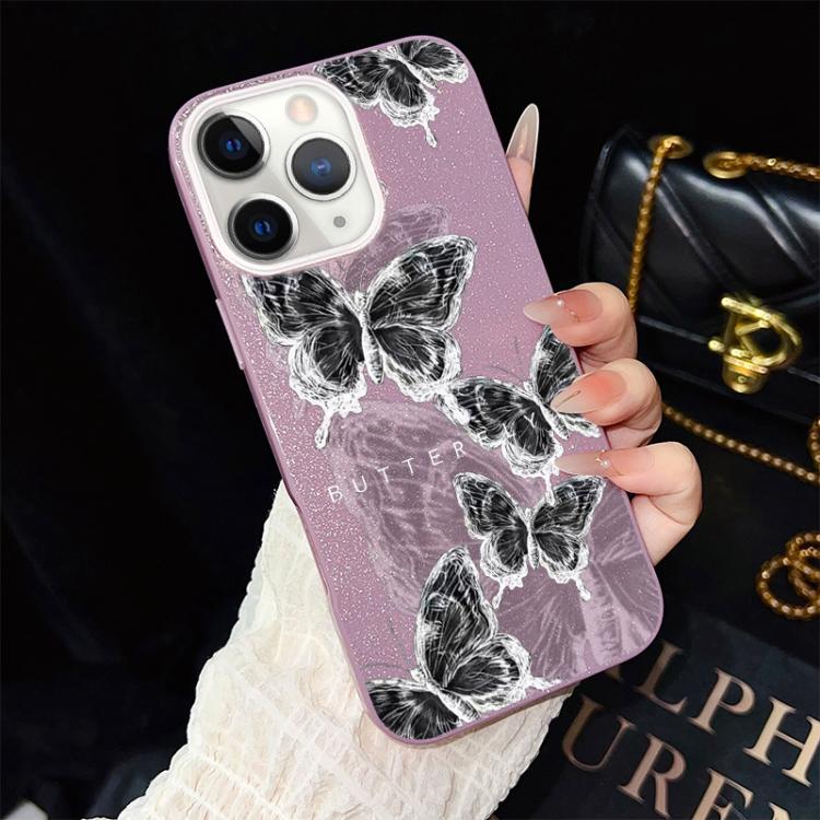 For iPhone 11 Pro Sketch Butterflies Pattern IMD Glitter PC Hybrid TPU Phone Case(Purple) SUNSKY