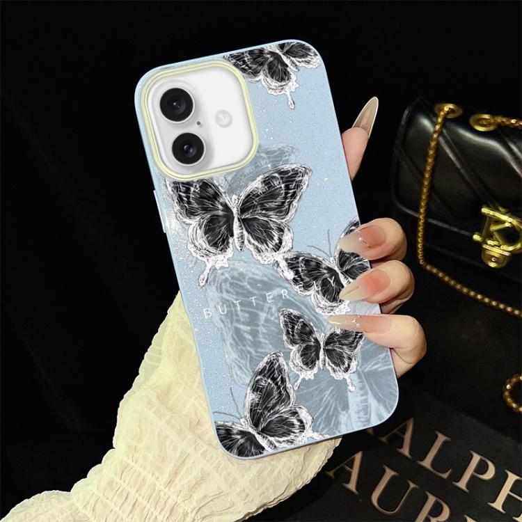 For iPhone 16 Plus Sketch Butterflies Pattern IMD Glitter PC Hybrid TPU Phone Case(Blue) SUNSKY