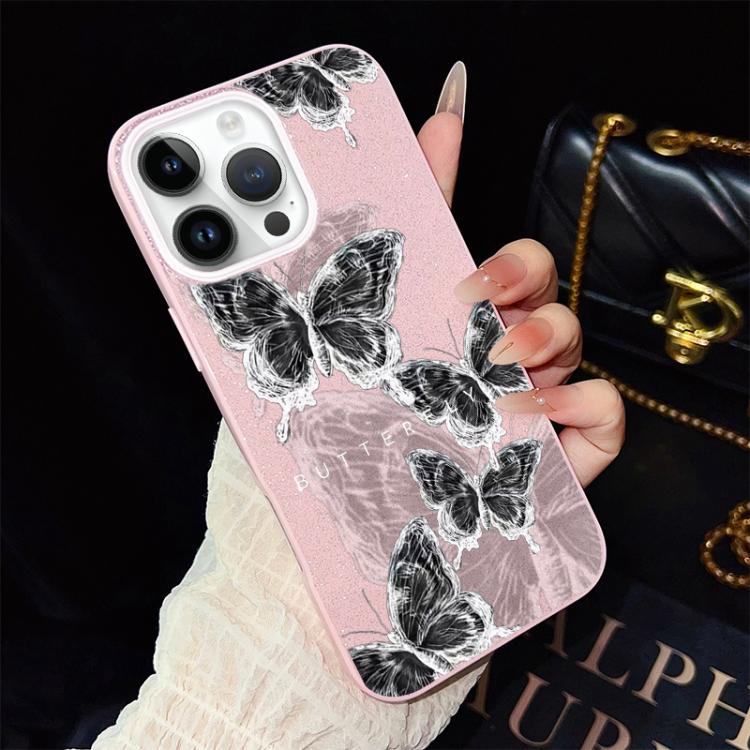 For iPhone 13 Pro Sketch Butterflies Pattern IMD Glitter PC Hybrid TPU Phone Case(Pink) SUNSKY