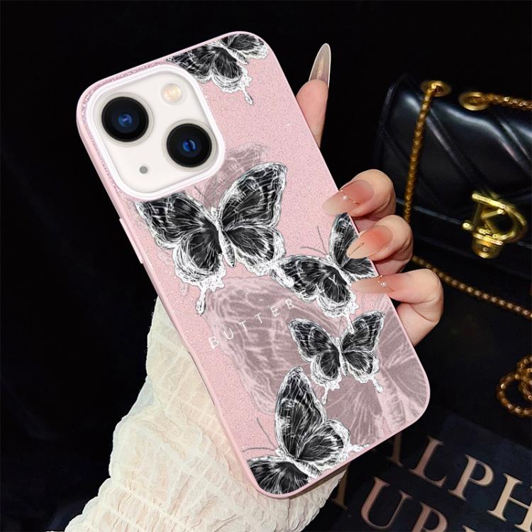 For iPhone 13 Sketch Butterflies Pattern IMD Glitter PC Hybrid TPU Phone Case(Pink) SUNSKY