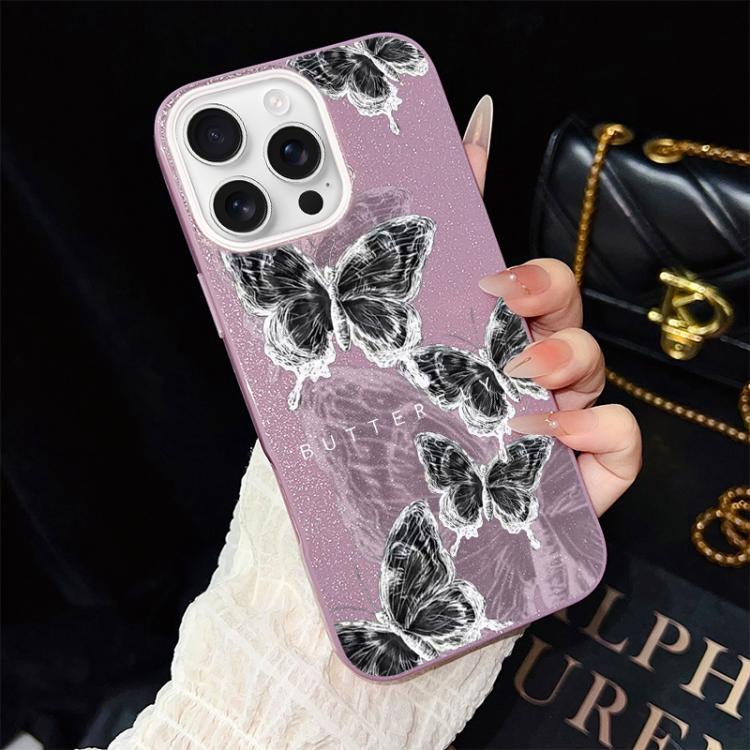 For iPhone 16 Pro Sketch Butterflies Pattern IMD Glitter PC Hybrid TPU Phone Case(Purple) SUNSKY