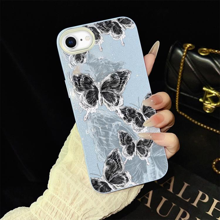 For iPhone SE 2022 / SE 2020 Sketch Butterflies Pattern IMD Glitter PC Hybrid TPU Phone Case(Blue) SUNSKY