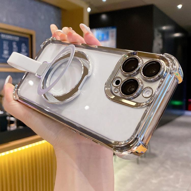 For iPhone 13 Pro Max Crystal Shield Ring Holde TPU + Acrylic Magnetic Phone Case(Silver) SUNSKY