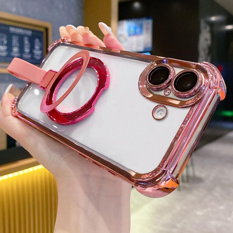 For iPhone 16 Plus Crystal Shield Ring Holde TPU + Acrylic Magnetic Phone Case(Pink) SUNSKY