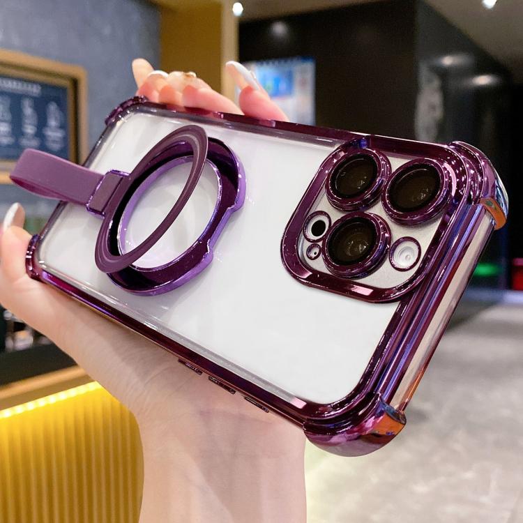 For iPhone 15 Pro Crystal Shield Ring Holde TPU + Acrylic Magnetic Phone Case(Purple) SUNSKY
