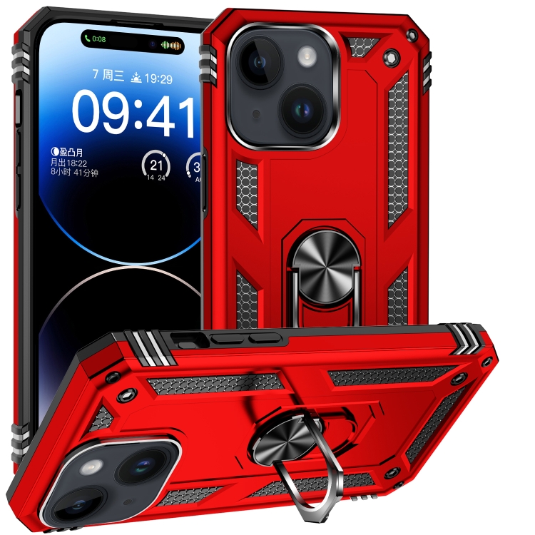 For iPhone 15 Shockproof TPU + PC Phone Case with Holder(Red) SUNSKY