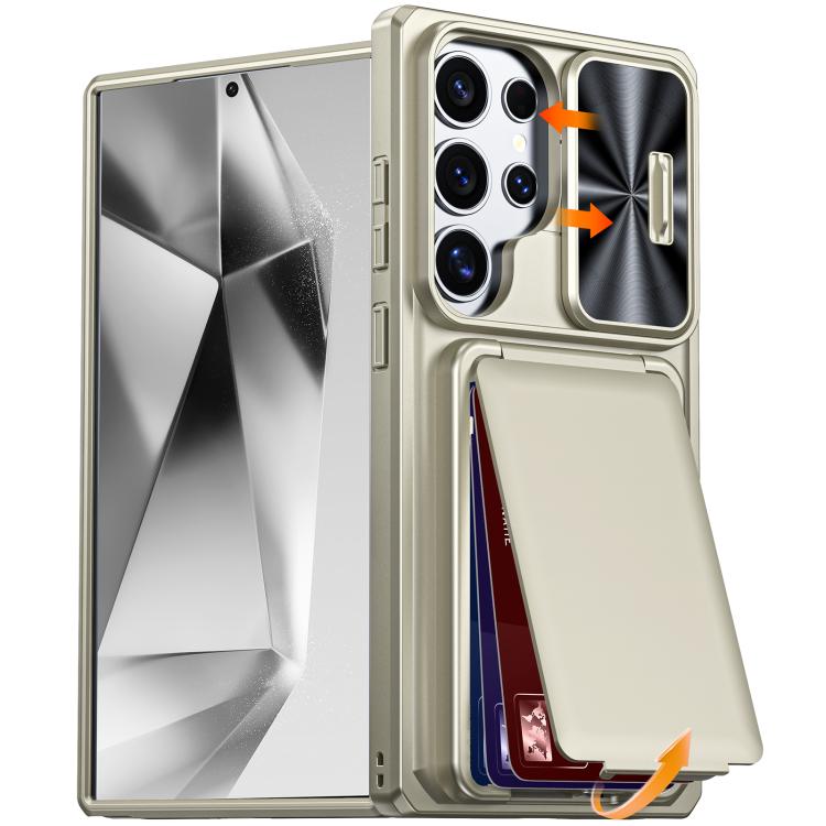 For Galaxy S24 Ultra 5G Flip Card Holder Sliding Camera Cover PC Hybrid TPU Phone Case(Titanium Gold) SUNSKY