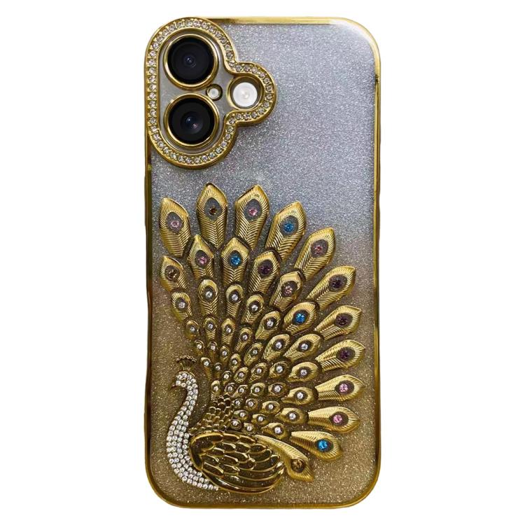 For iPhone 16 Electroplated TPU Peacock Relief Rhinestone Glitter Phone Case with Lens Film(Gold) SUNSKY