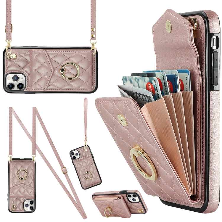 For iPhone 11 Pro Rhombic Texture Card Bag Phone Case with Long Lanyard(Rose Gold) SUNSKY