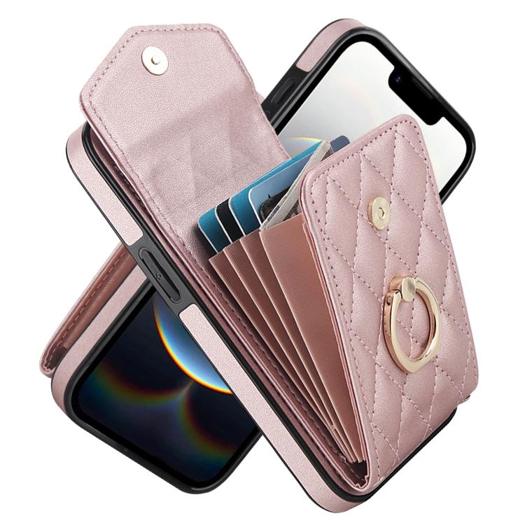 For iPhone 17e / 16e Rhombic Texture Card Bag Phone Case with Long Lanyard(Rose Gold) SUNSKY