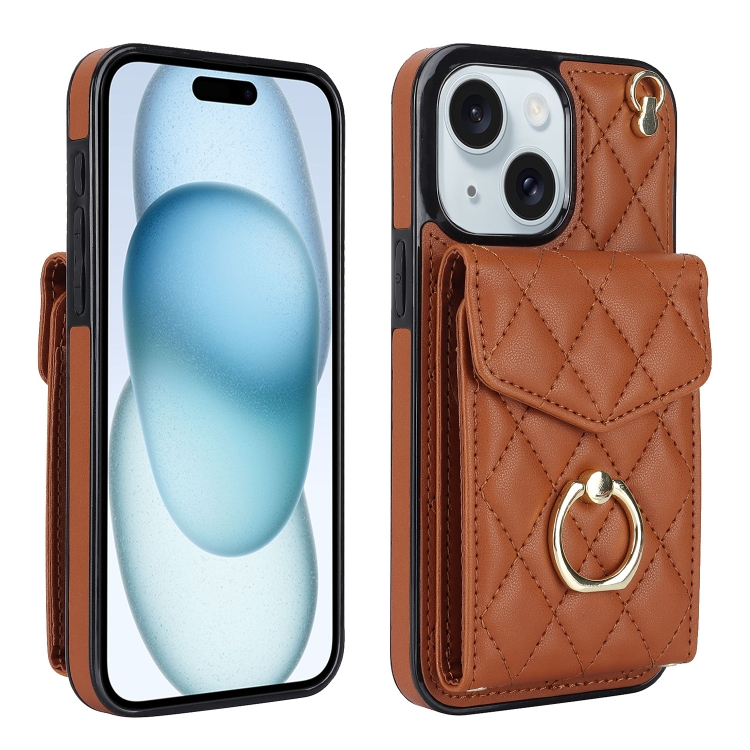 For iPhone 15 Plus Rhombic Texture Card Bag Phone Case with Long Lanyard(Brown) SUNSKY