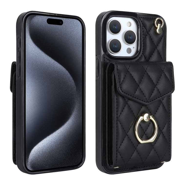 For iPhone 15 Pro Rhombic Texture Card Bag Phone Case with Long Lanyard(Black) SUNSKY