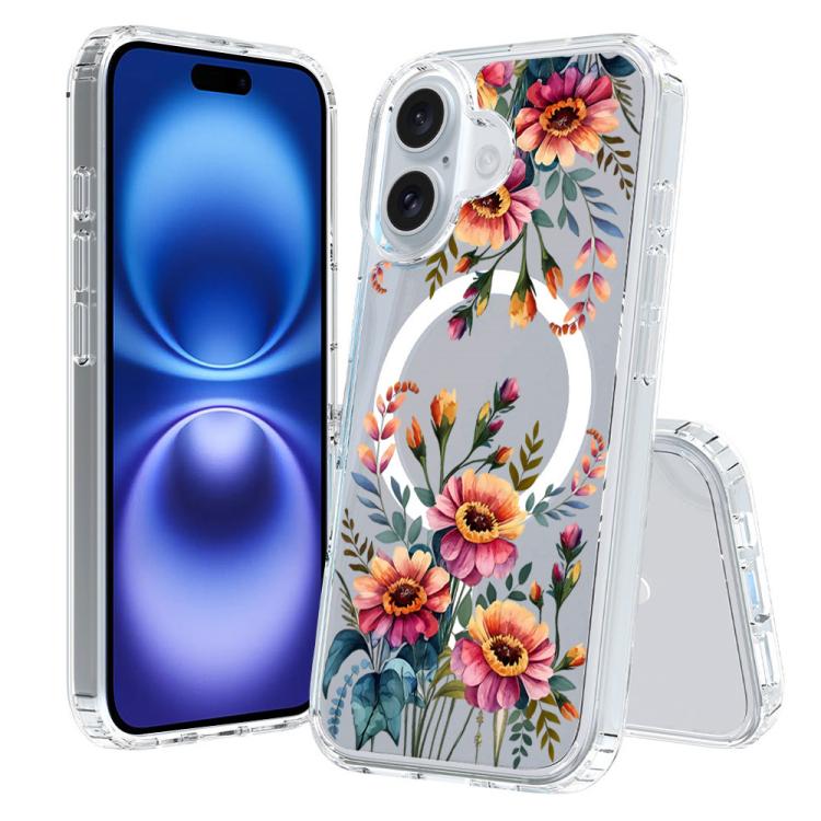 For iPhone 16 Pattern Printing TPU + PC Magnetic Shockproof Phone Case(Flower 038) SUNSKY