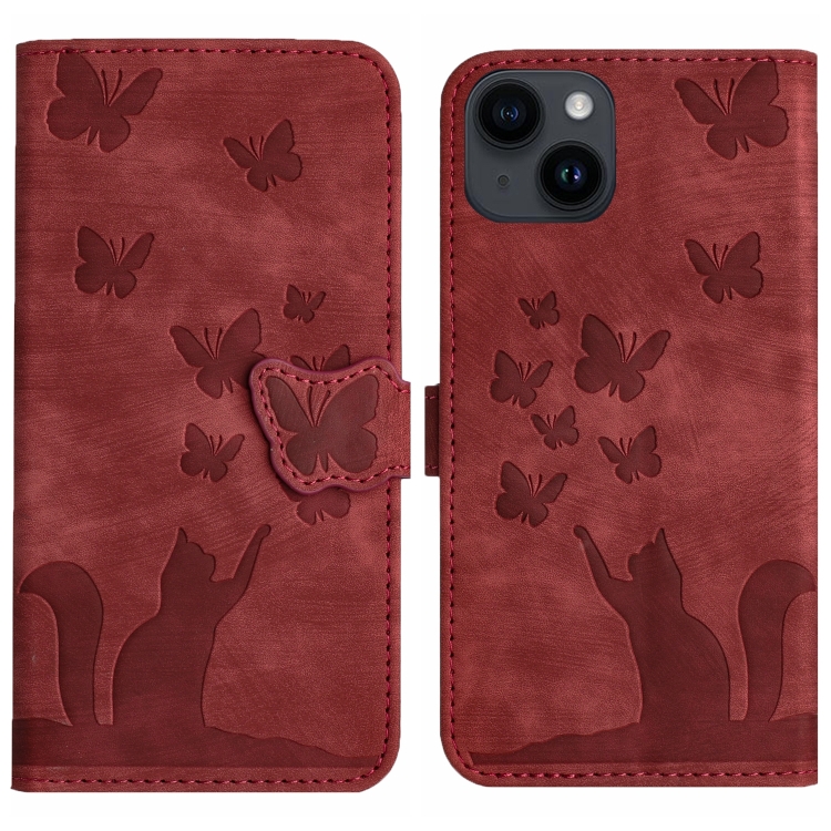 For iPhone 15 Butterfly Cat Embossing Flip Leather Phone Case(Red) SUNSKY