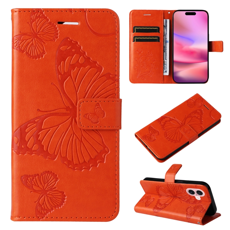 For iPhone 16 3D Butterfly Embossed Pattern Flip Leather Phone Case(Orange) SUNSKY