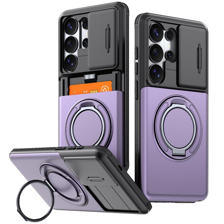 For Galaxy S26 Ultra 5G Slide Camera Shield Card Slot 360 Degree Rotation Holder Phone Case(Purple) SUNSKY