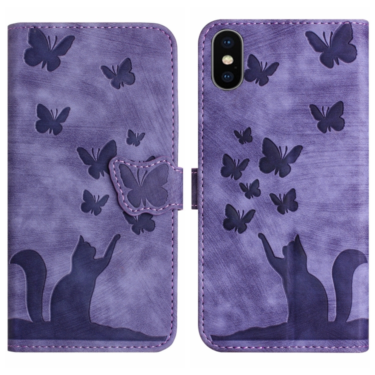 For iPhone XS Max Butterfly Cat Embossing Flip Leather Phone Case(Purple) SUNSKY