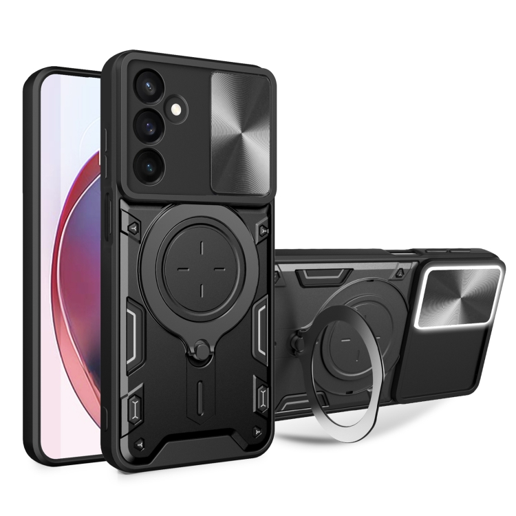 For Samsung Galaxy A25 5G Global CD Texture Sliding Camshield Magnetic Holder Phone Case(Black) SUNSKY