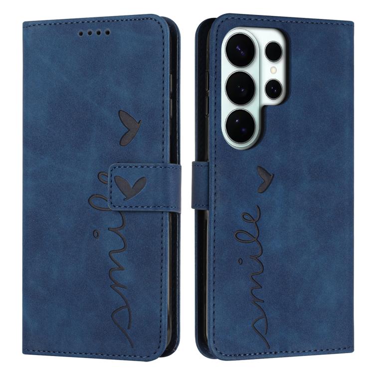For Samsung Galaxy S26 Ultra 5G Skin Feel Heart Embossed Leather Phone Case with Long Lanyard(Blue) SUNSKY
